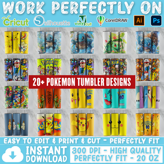 Pokemon tumbler design bundle, 20 oz skinny tumbler design, sublimation image, tumbler wrap, Pokemon cup, Pokemon sublimation, tumbler design, 20 oz skinny tumbler, 20 oz cup design,