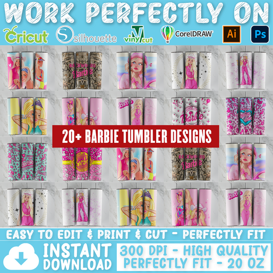 Barbie tumbler design bundle, 20 oz skinny tumbler design, sublimation image, tumbler wrap, Barbie cup, Barbie sublimation, tumbler design, 20 oz skinny tumbler, 20 oz cup design,