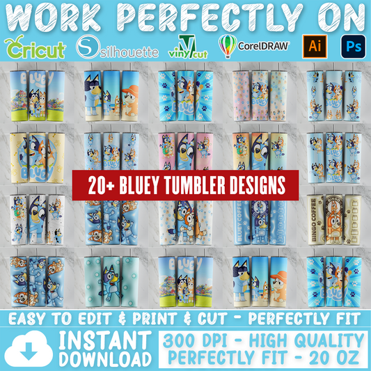 Bluey tumbler design bundle, 20 oz skinny tumbler design, sublimation image, tumbler wrap, Bluey cup, Bluey sublimation, tumbler design, 20 oz skinny tumbler, 20 oz cup design,