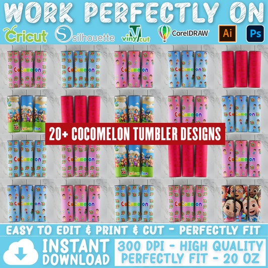 Cocomelon tumbler design bundle, 20 oz skinny tumbler design, sublimation image, tumbler wrap, Cocomelon cup, Cocomelon sublimation, tumbler design, 20 oz skinny tumbler, 20 oz cup design,