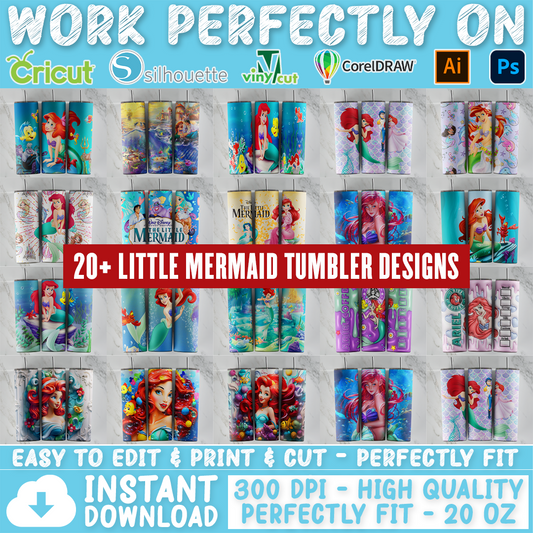 Little Mermaid tumbler design bundle, 20 oz skinny tumbler design, sublimation image, tumbler wrap, Little Mermaid cup, Little Mermaid sublimation, tumbler design, 20 oz skinny tumbler, 20 oz cup design,